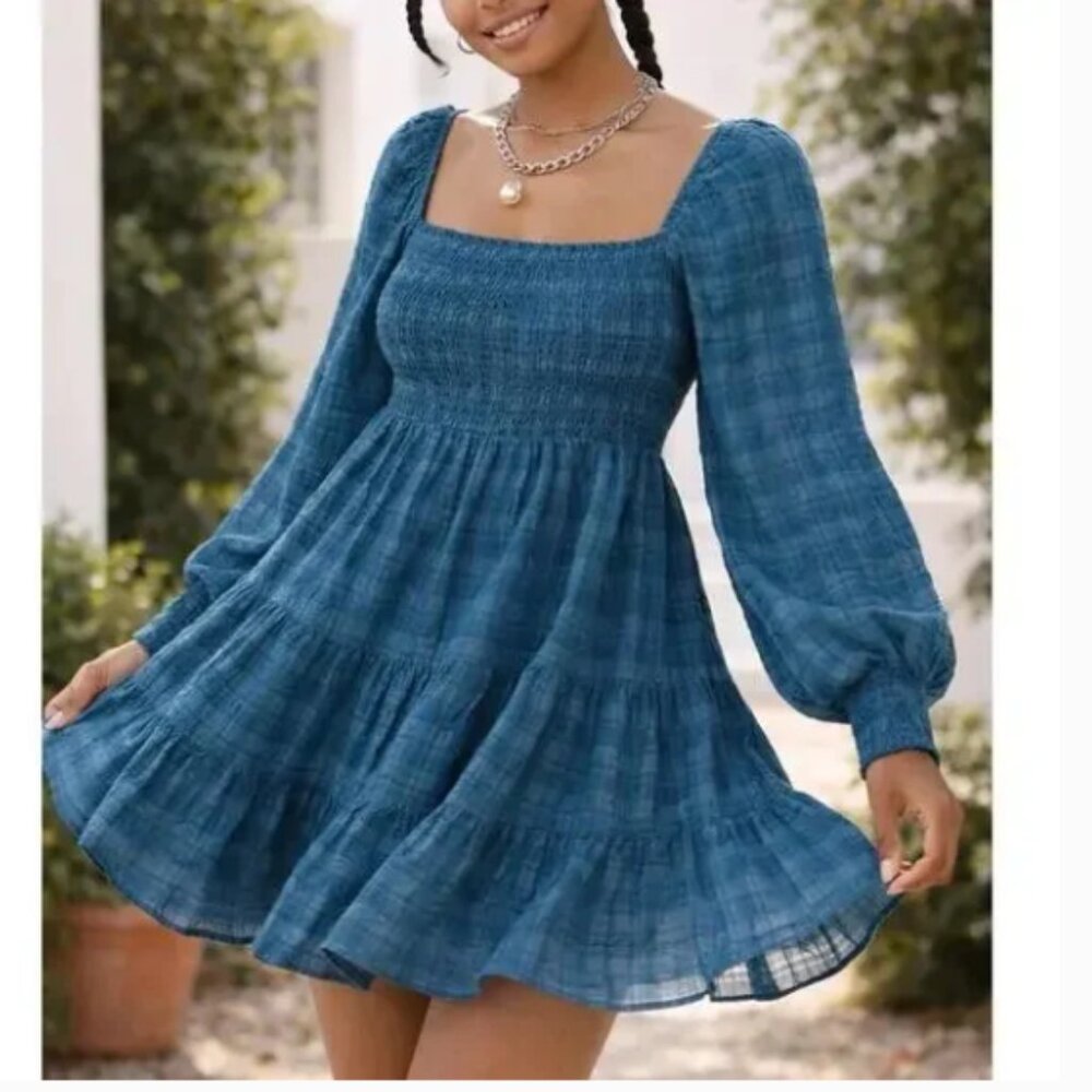Urban Outfitters Blue Smocked Tiered Mini Dress | Cottagecore Boho Puff Sleeve